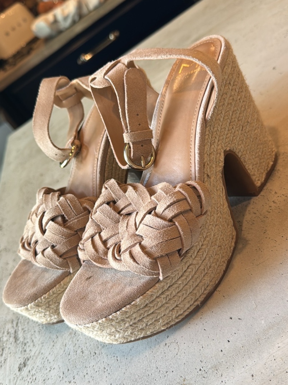 Marc Fisher Beige Braided Suede Platform Wedges